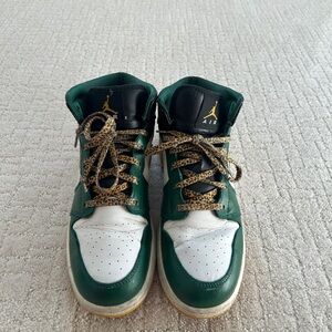 Women’s Green and White High-Top Nike Jordans with Leopard Laces